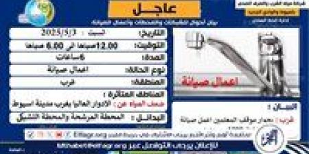 انقطاع المياه عن حي غرب أسيوط لمدة 6 ساعات غدا - الكويت الاخباري