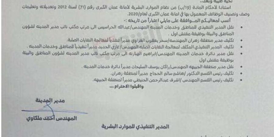 أمين عمان يجري تنقلات لعدد من المدراء في الأمانة - وثيقة - الكويت الاخباري